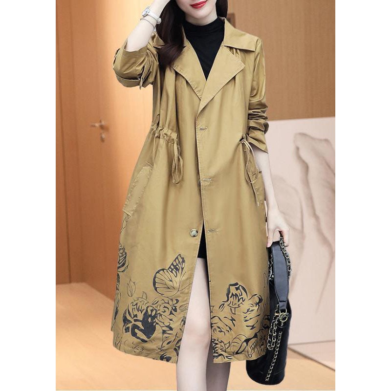 Classy Khaki Notched Print Drawstring Trench Coats Fall