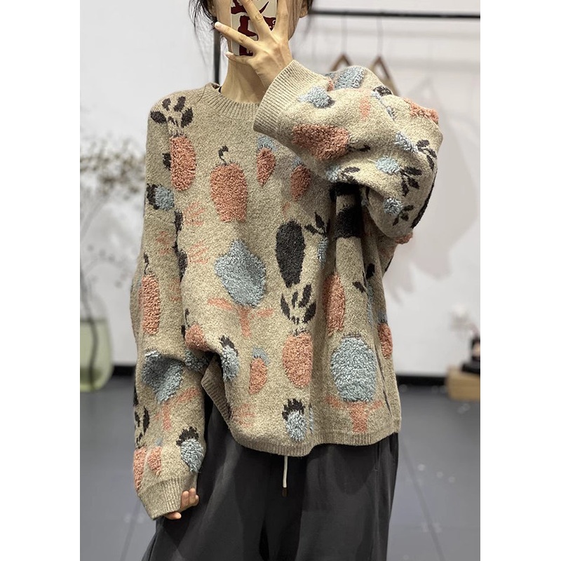 Cozy Plus Size Khaki O Neck Jacquard Thick Warm Knit Sweaters Winter