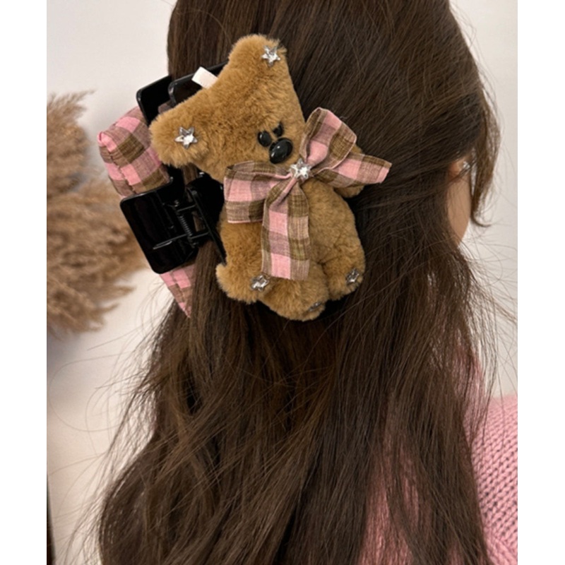Cute Pink Coffee Plaid Little Bear Zircon Bow Shark Hairpin