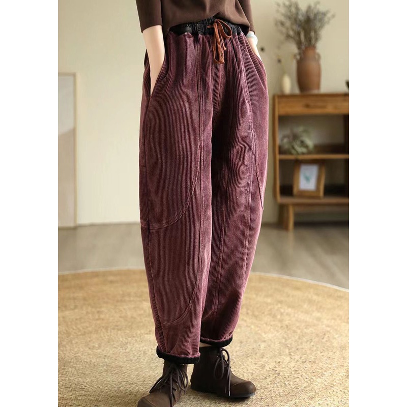 Dull Purple Warm Fleece Corduroy Harem Pants Oversized Winter