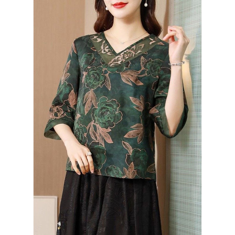 Elegant Green V Neck Jacquard Original Design Silk Two Pieces Set Summer