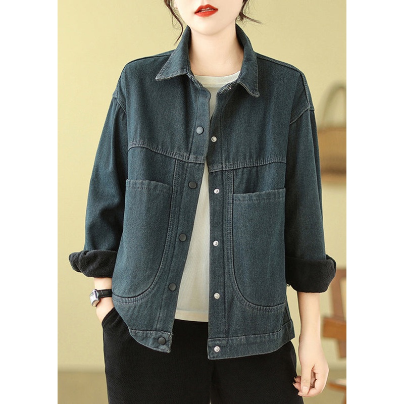 Elegant Navy Oversized Pockets Warm Fleece Denim Jacket Spring