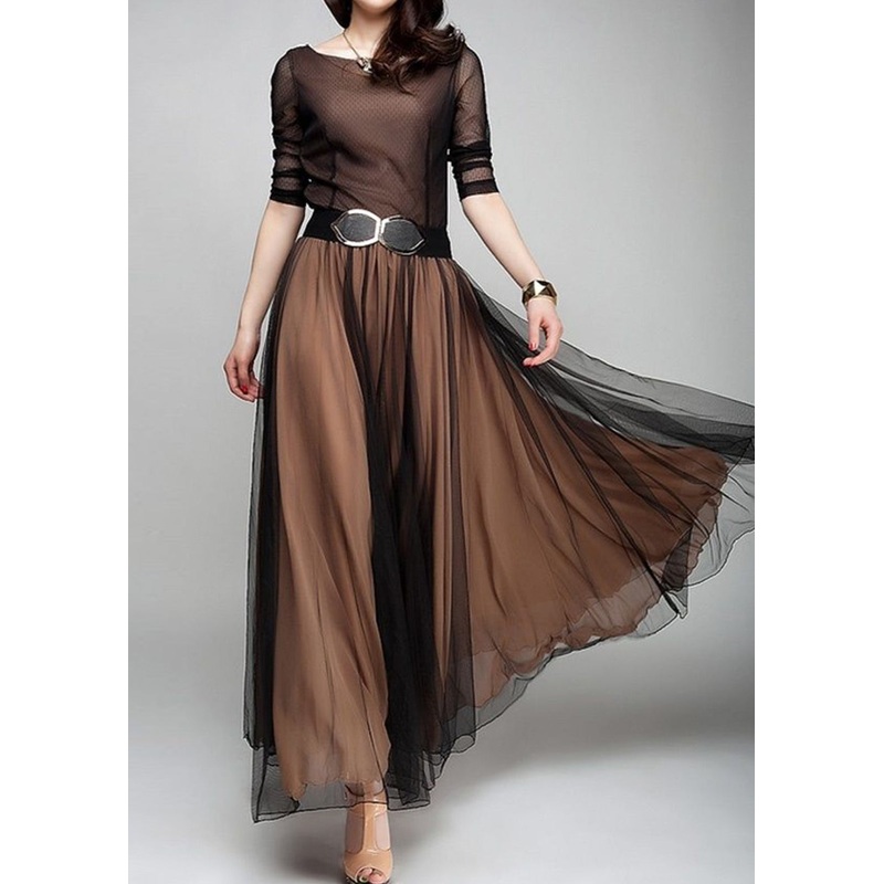 Elegant Plain Boat Neck Flowy Hem Maxi Dress