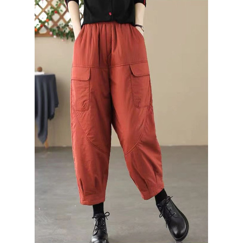 Fashion Brick Red Elastic Waist Pockets Fine Cotton Filled Pants Winter