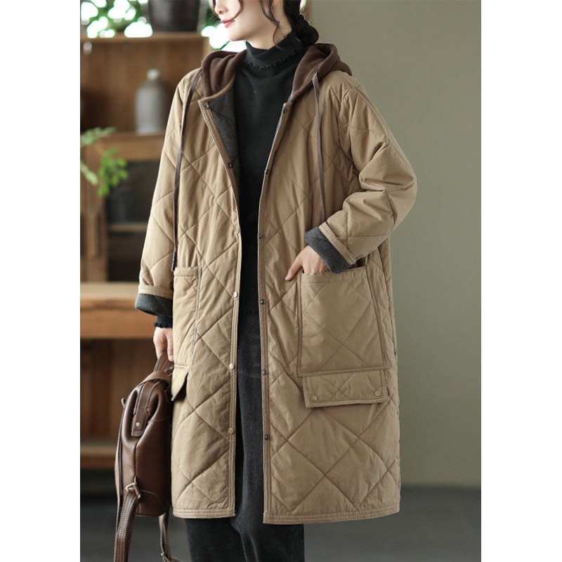Fitted Khaki Zippered Plaid Patchwork Hooded Parka Winter