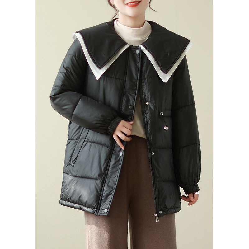 French Black Peter Pan Collar Drawstring Fine Cotton Filled Puffer Jacket Winter