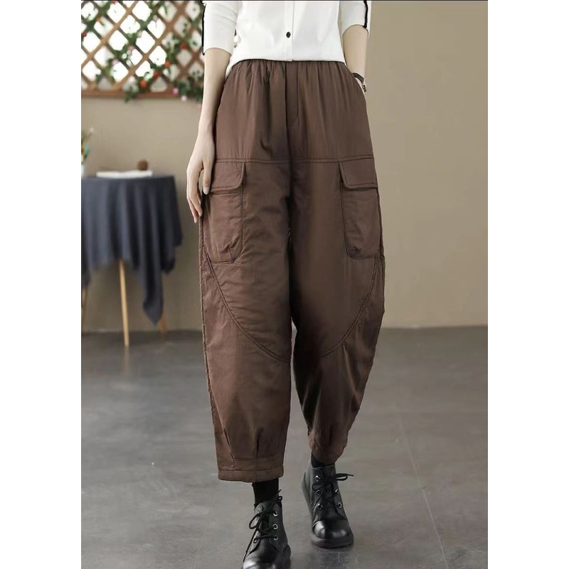 French Coffee Oversized Thick Fine Cotton Filled Harem Pants Winter