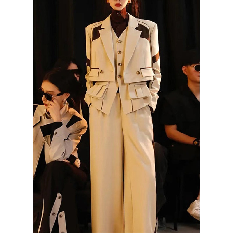 French Khaki Button Pockets Patchwork Three Piece Set Fall