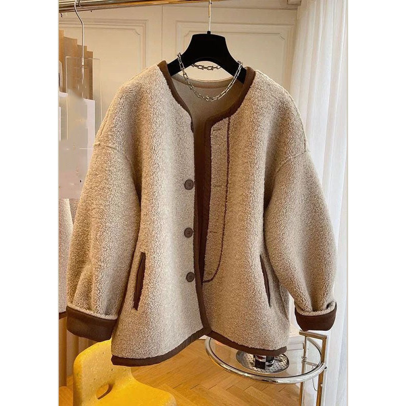 French Khaki O-Neck Patchwork Button Faux Fur Coats Winter