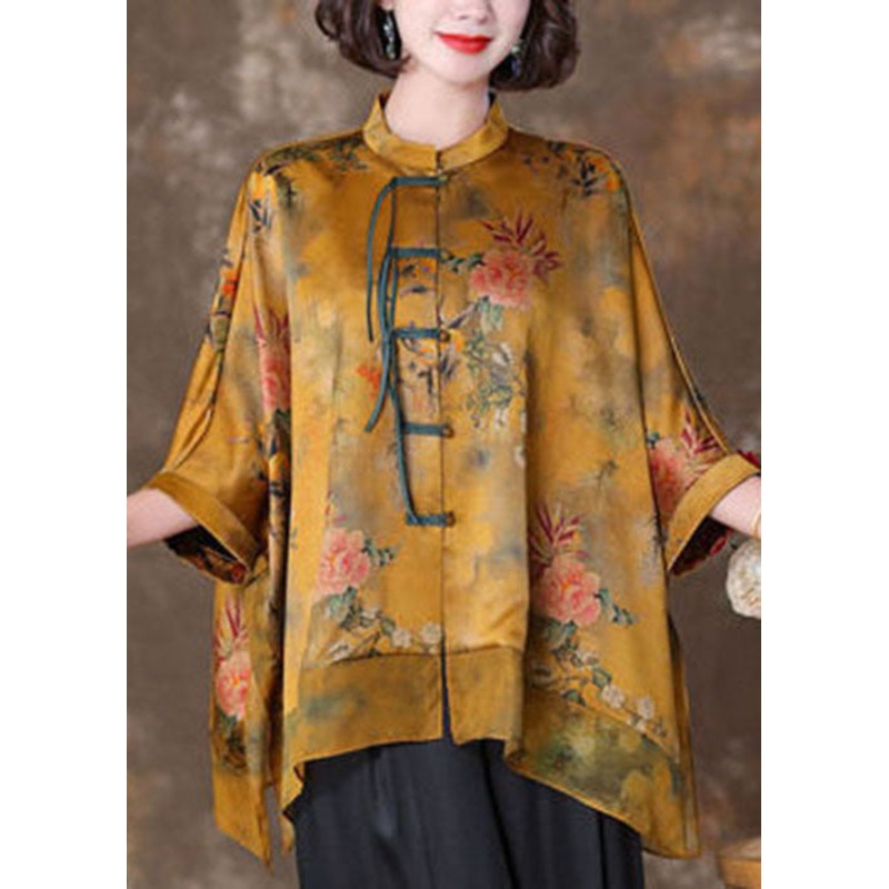 French Yellow Stand Collar Oversized Patchwork Print Silk Shirts Batwing Sleeve