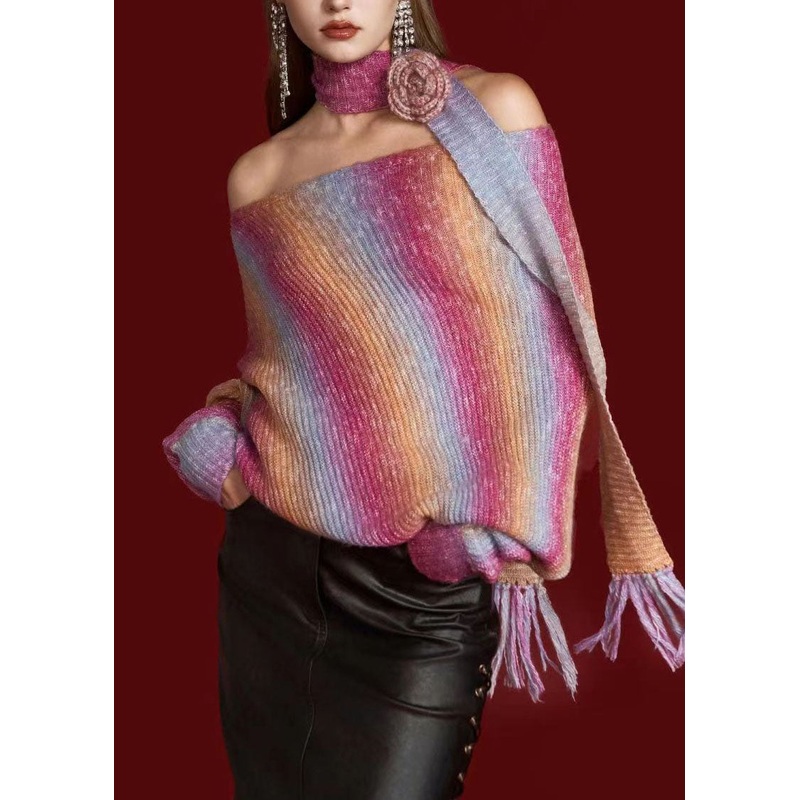 Gradient Color Slash Neck Asymmetrical Thick Cotton Knitted Sweater Long Sleeve