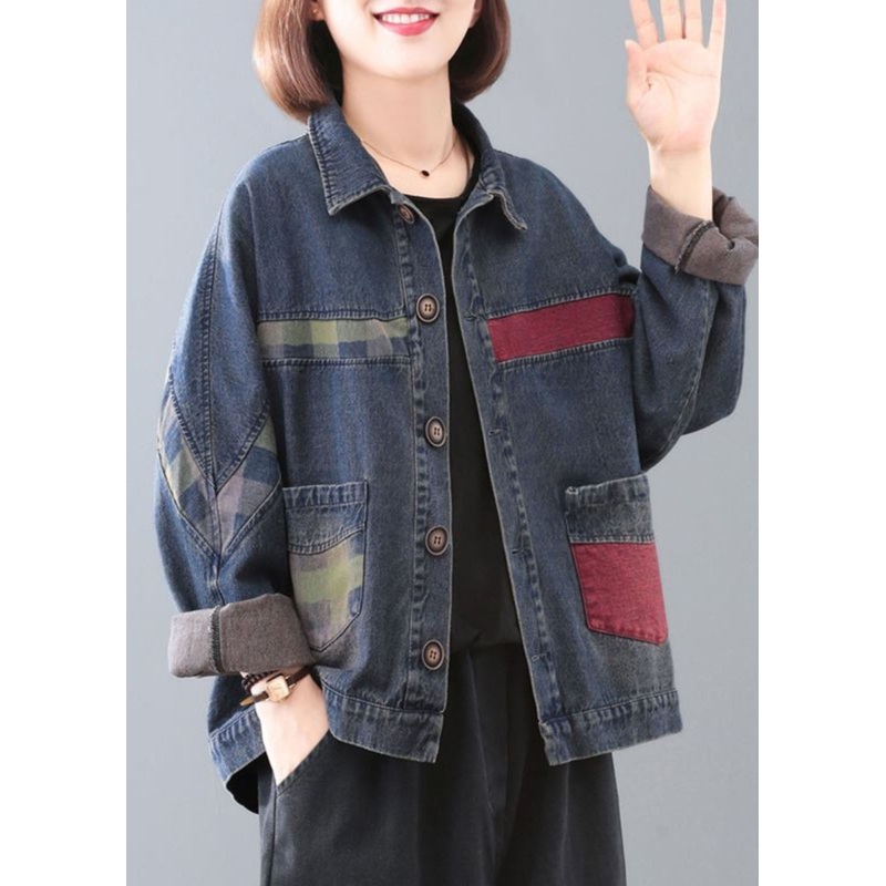 Handmade Blue Peter Pan Collar Pockets Patchwork Button Denim Coats Long Sleeve