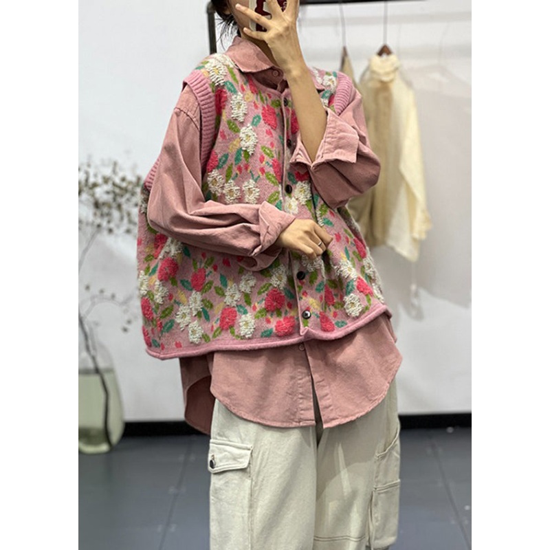 Handmade Pink O Neck Button Jacquard Patchwork Knit Vest Sleeveless