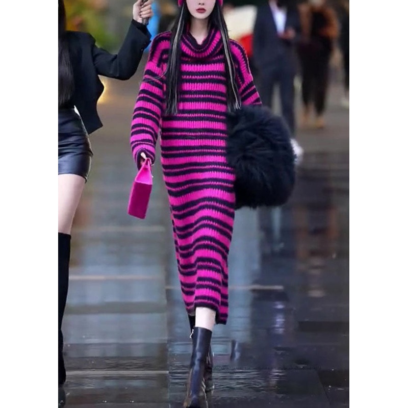 Italian Rose Turtle Neck Striped Cozy Cotton Knit Maxi Sweater Dress Winter