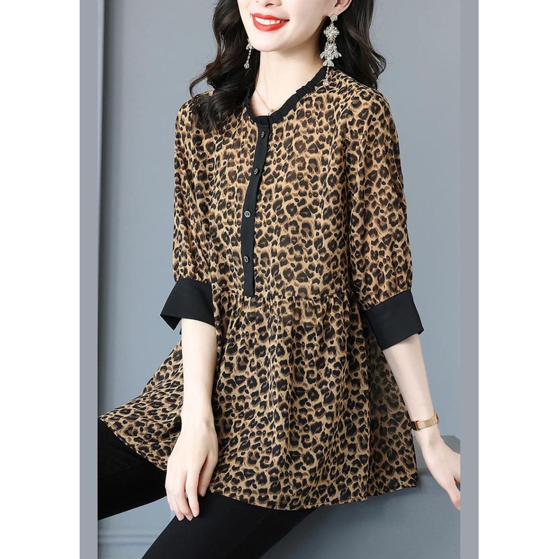 Italian Ruffled Patchwork Leopard Shirt Top Half Sleeve