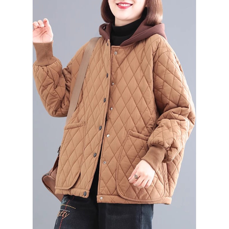 Khaki Patchwork Fine Cotton Filled Parka Hooded Pockets Winter