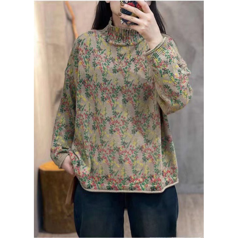 Khaki Print Cozy Knit Sweater High Neck Oversized Winter