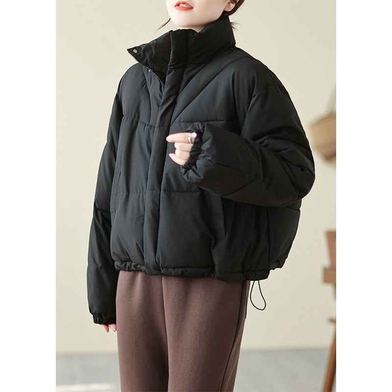 Loose Black Stand Collar Pockets Fine Cotton Filled Warm Jackets Winter
