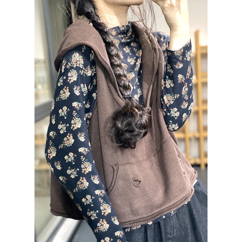 Loose Coffee Pockets Patchwork Hooded Cotton Knit Vest Tops Sleeveless