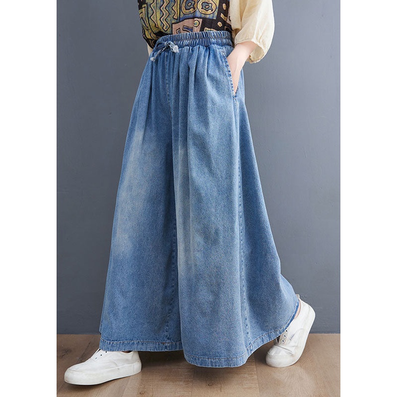 Loose Denim Blue Pockets Elastic Waist Tie Waist Wide Leg Pants Fall