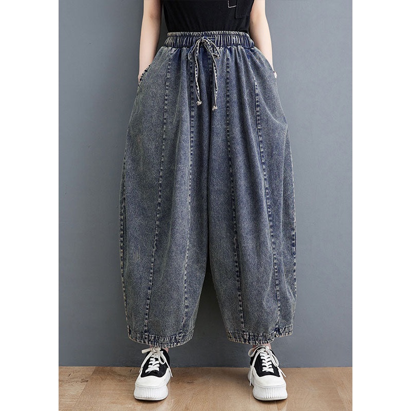 Loose Denim Blue Pockets Patchwork Elastic Waist Lantern Pants Fall
