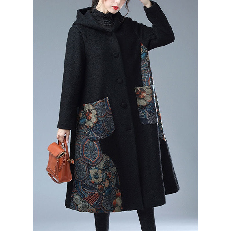 Modern Black Hooded Print Warm Fleece Woolen Trench Coat Winter