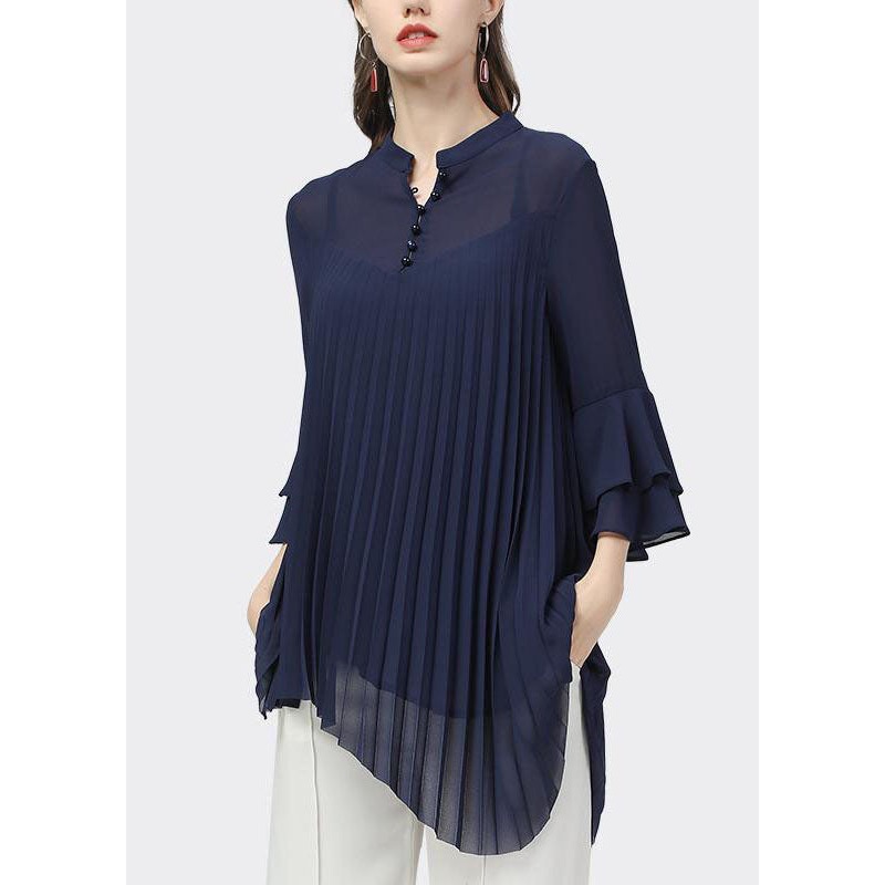 Modern Blue Stand Collar Asymmetrical Wrinkled Chiffon Shirt Tops Bracelet Sleeve