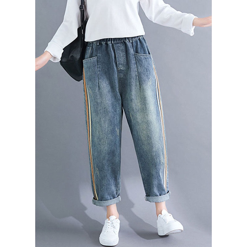 Modern Deinm Blue Pockets Striped Patchwork Elastic Waist Harem Pants Fall