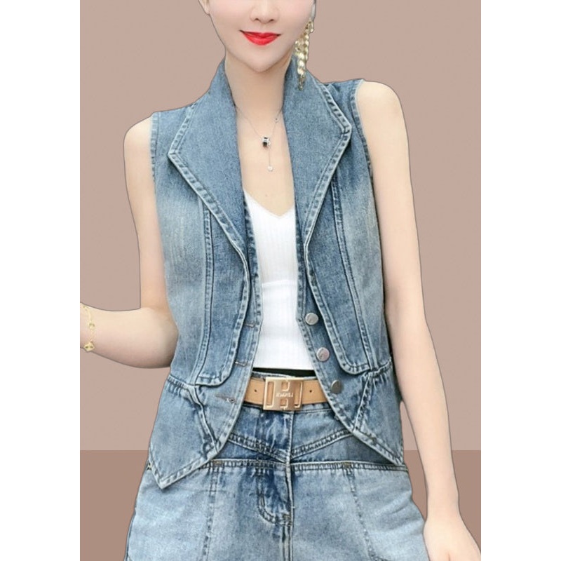 Natural Blue Peter Pan Collar Patchwork Denim Vest Sleeveless