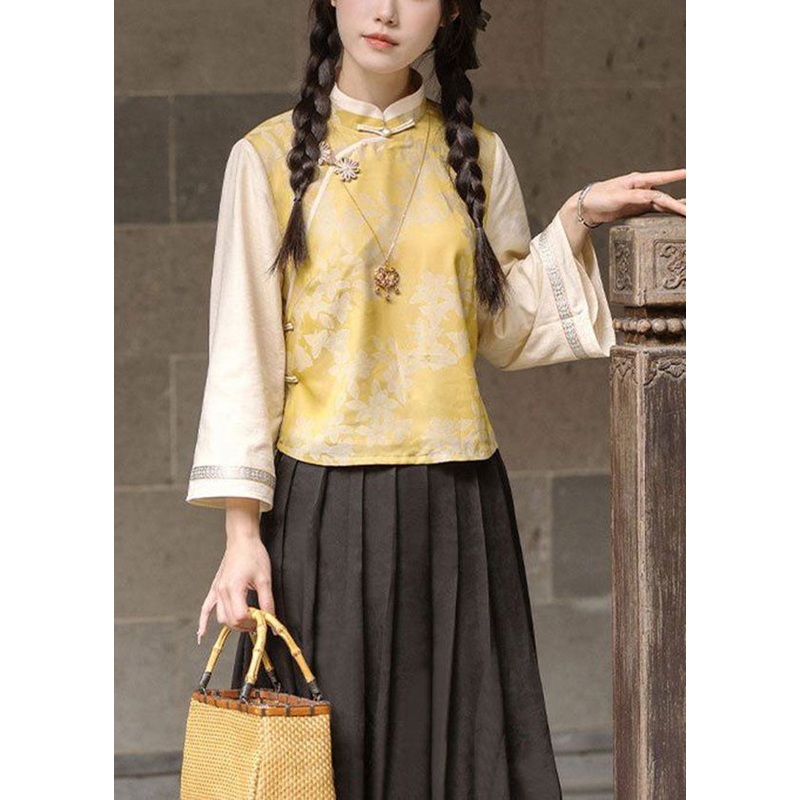 New Retro Yellow Top And Skirt Silk Two Pieces Set Autumn