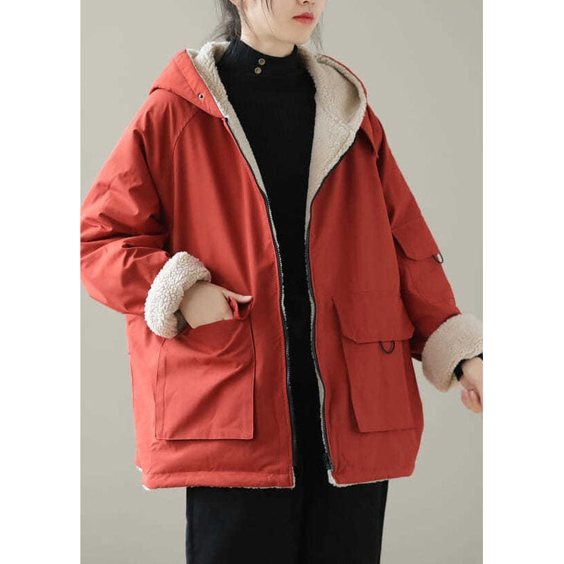 Orange Pockets Wear On Both Sides Thick Hooded Jacket Long Sleeve