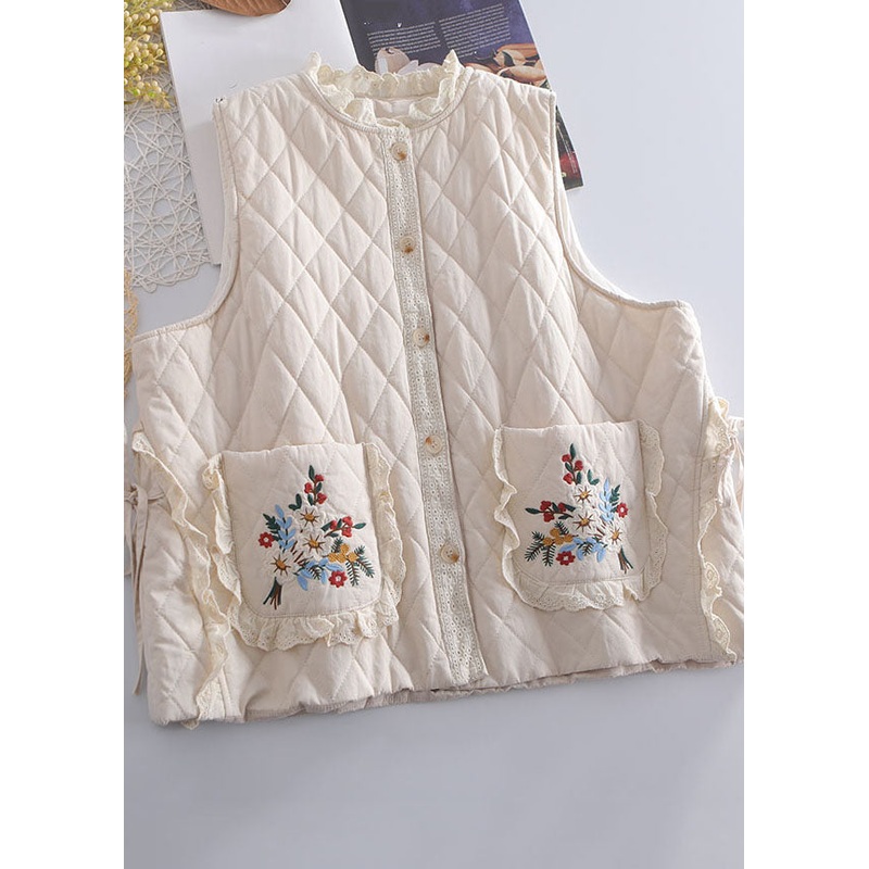 Organic Beige Embroideried Ruffled Patchwork Tie Waist Waistcoat Winter