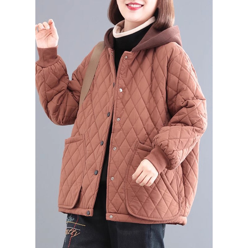 Organic Brick Red Hooded Patchwork Fine Cotton Filled Witner Jacket