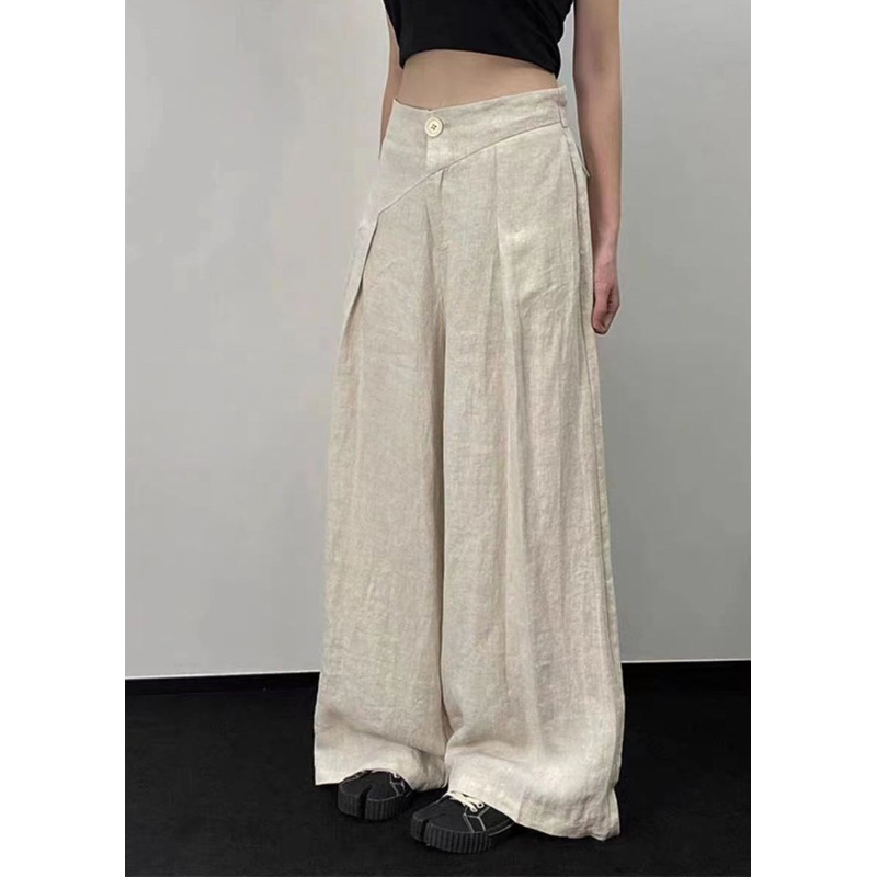 Original Design Apricot Pockets Patchwork Linen Wide Leg Pants Fall