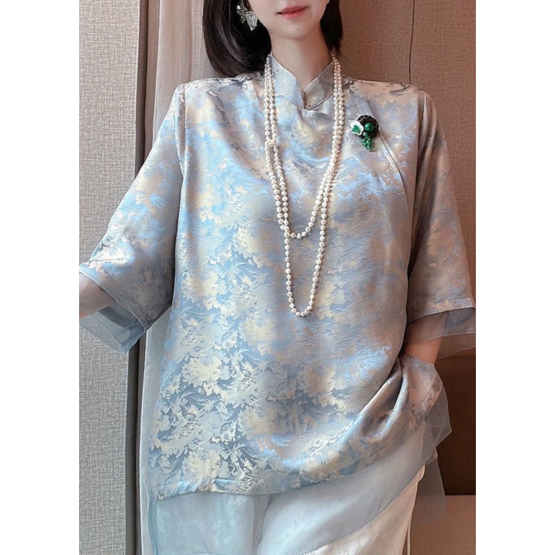 Original Design Light Blue Tulle Patchwork Jacquard Silk Shirts Half Sleeve