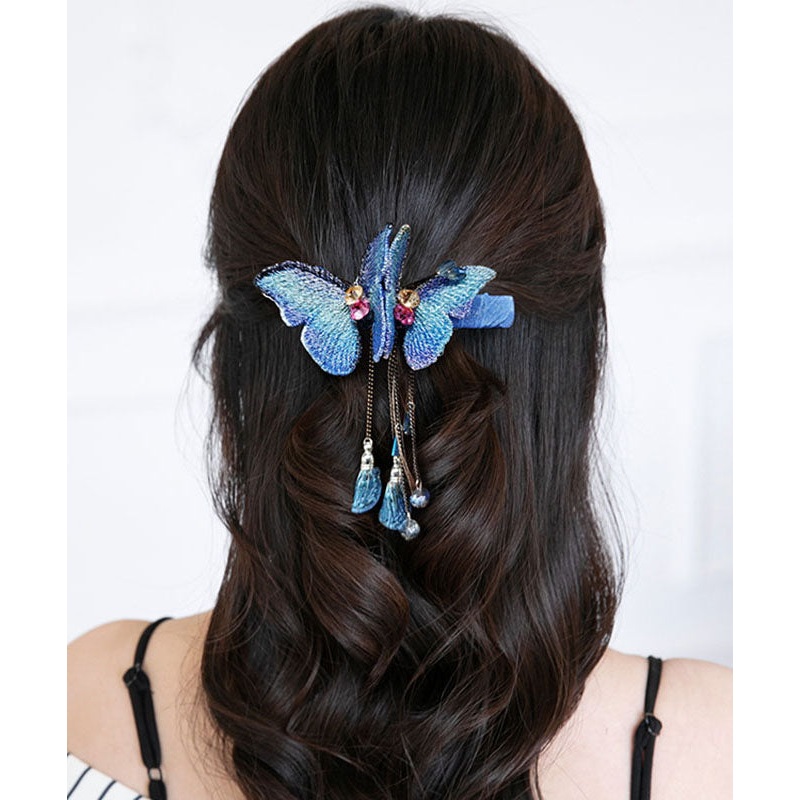Oversize Blue Zircon Butterfly Embroidery Spring Tassel Hairpin