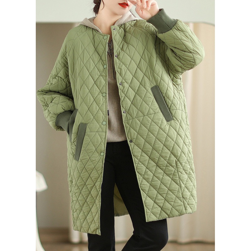 Oversized Green Hooded Pockets Fine Cotton Filled Coat Winter