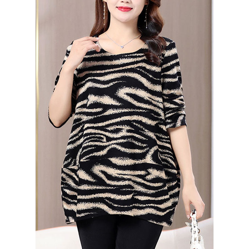 Plus Size Black O-Neck Striped Top Half Sleeve