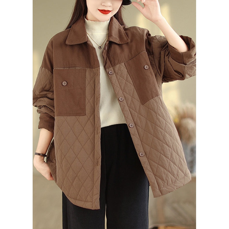 Plus Size Coffee Oversized Patchwork Fine Cotton Filled Jacket Winter
