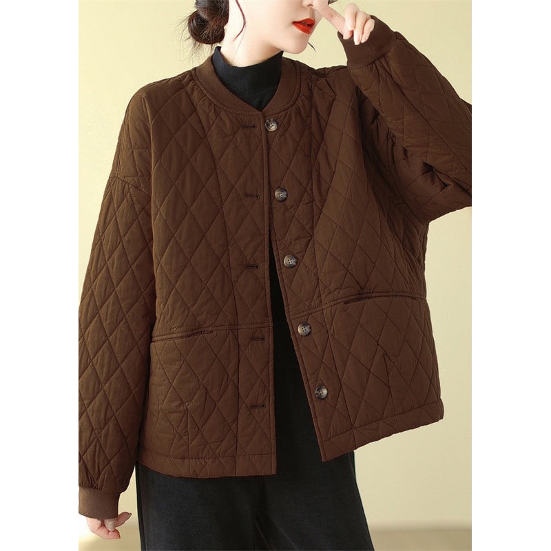 Plus Size Coffee Pockets Button Patchwork Fine Cotton Filled Jacket Winter