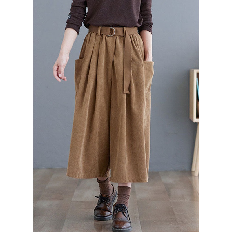 Plus Size Khaki Sashes Corduroy Crop Wide Leg Pants