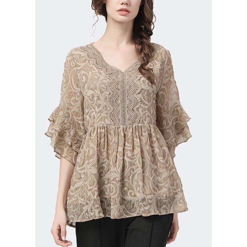 Plus Size Khaki V Neck Lace Patchwork Wrinkled Tops Petal Sleeve