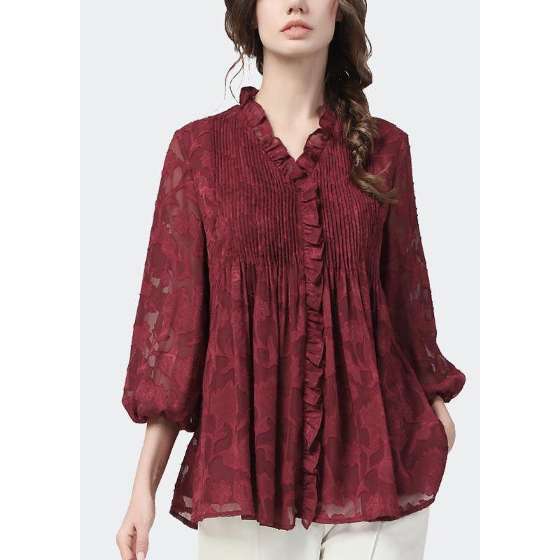 Plus Size Mulberry Ruffled Wrinkled Lace Shirt Tops Fall