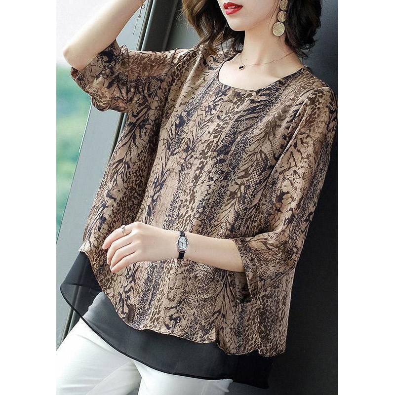 Plus Size O-Neck Organza Patchwork Leopard Chiffon Blouses Summer