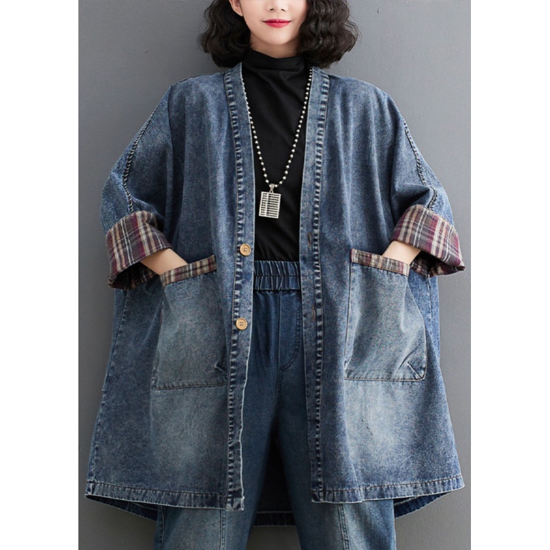 Retro Blue V Neck Striped Patchwork Denim Trench Coat Long Sleeve