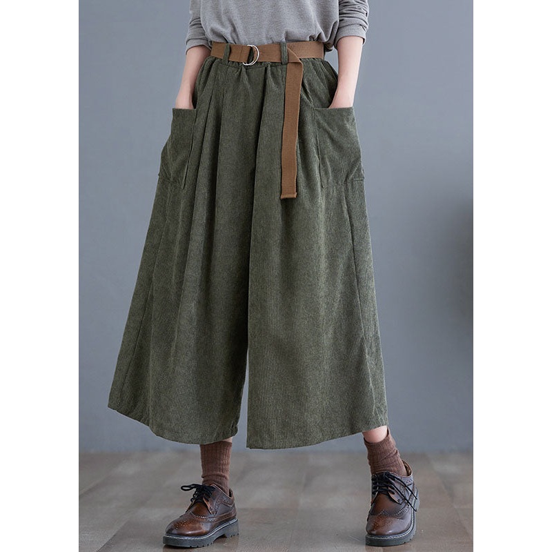 Retro Green Elastic Waist Corduroy Crop Wide Leg Pants