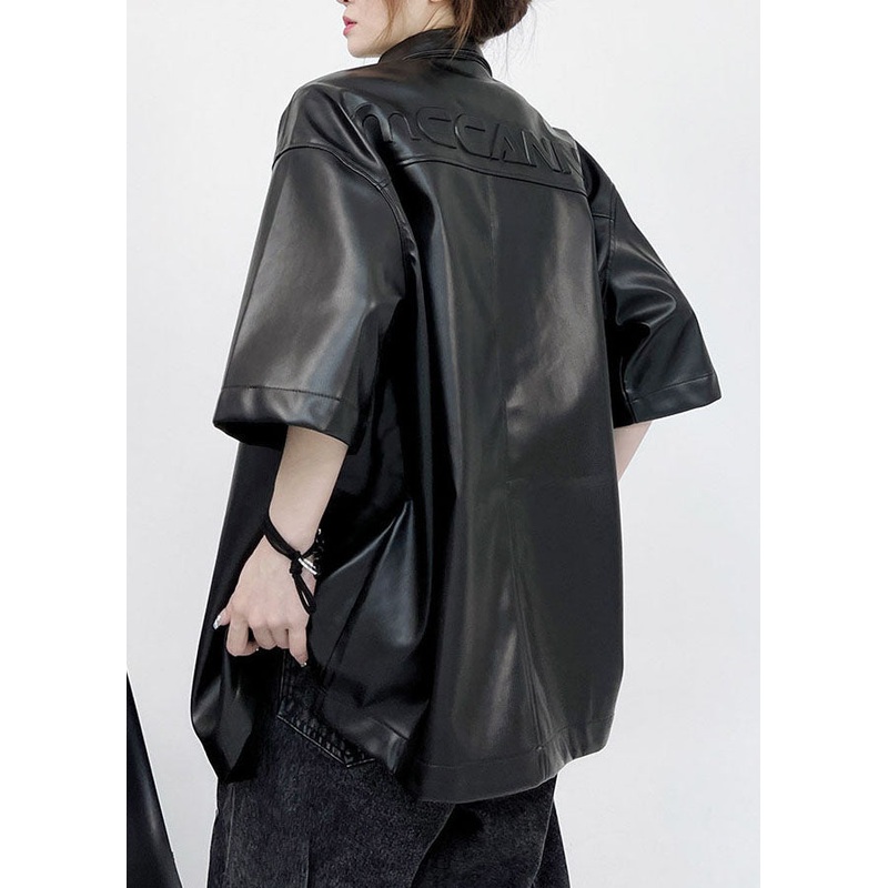 Style Black Stand Collar Button Faux Leather Shirts Summer