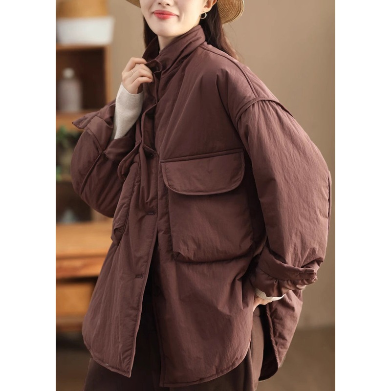 Stylish Loose Mulberry Stand Collar Pockets Fine Cotton Filled Jacket Winter