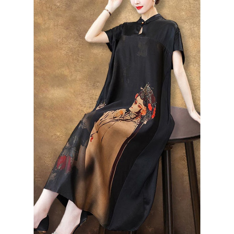 Unique Black Stand Collar Patchwork Print Silk Long Dress Summer