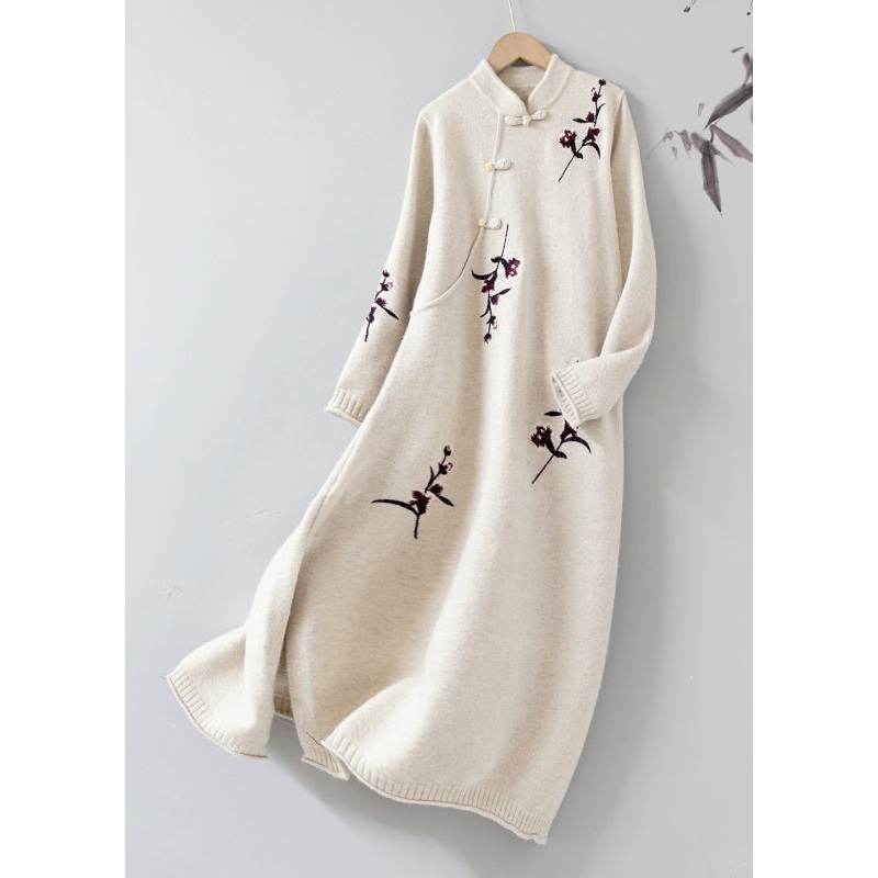 Vintage Apricot Stand Collar Embroideried Patchwork Woolen Knit Dress Fall